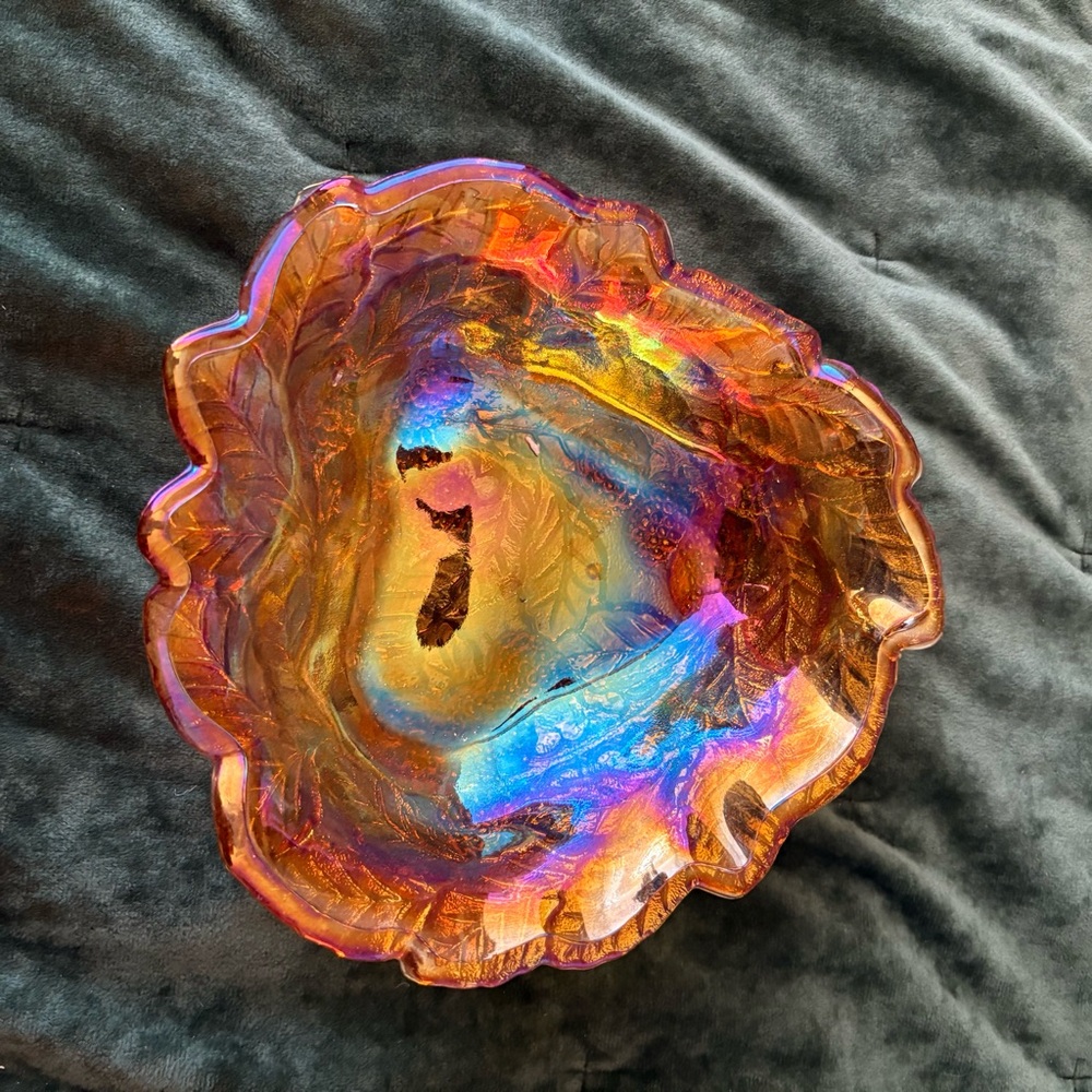 Iridescent Glass Triangular Orange Trinket Dish